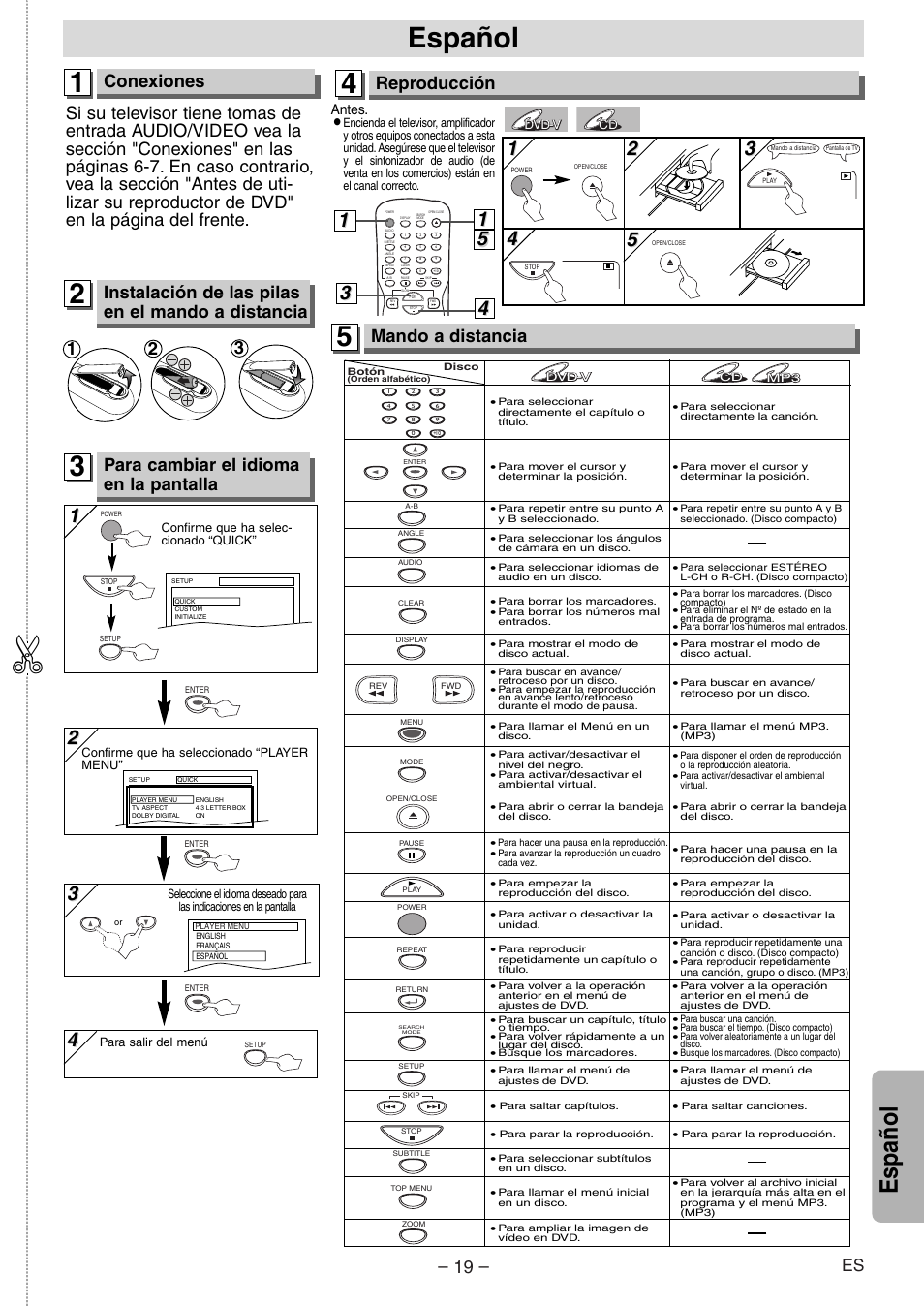 Español, Conexiones, Para cambiar el idioma en la pantalla | Reproducción, Mando a distancia, Instalación de las pilas en el mando a distancia | Sylvania DVL700E User Manual | Page 19 / 20