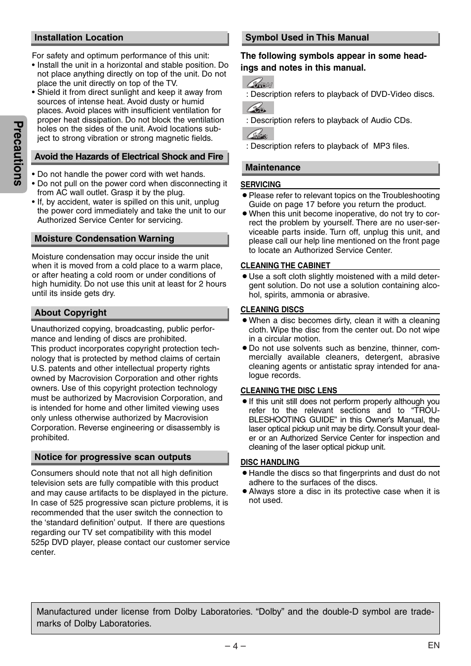 Precautions | Sylvania DVL700E User Manual | Page 4 / 20