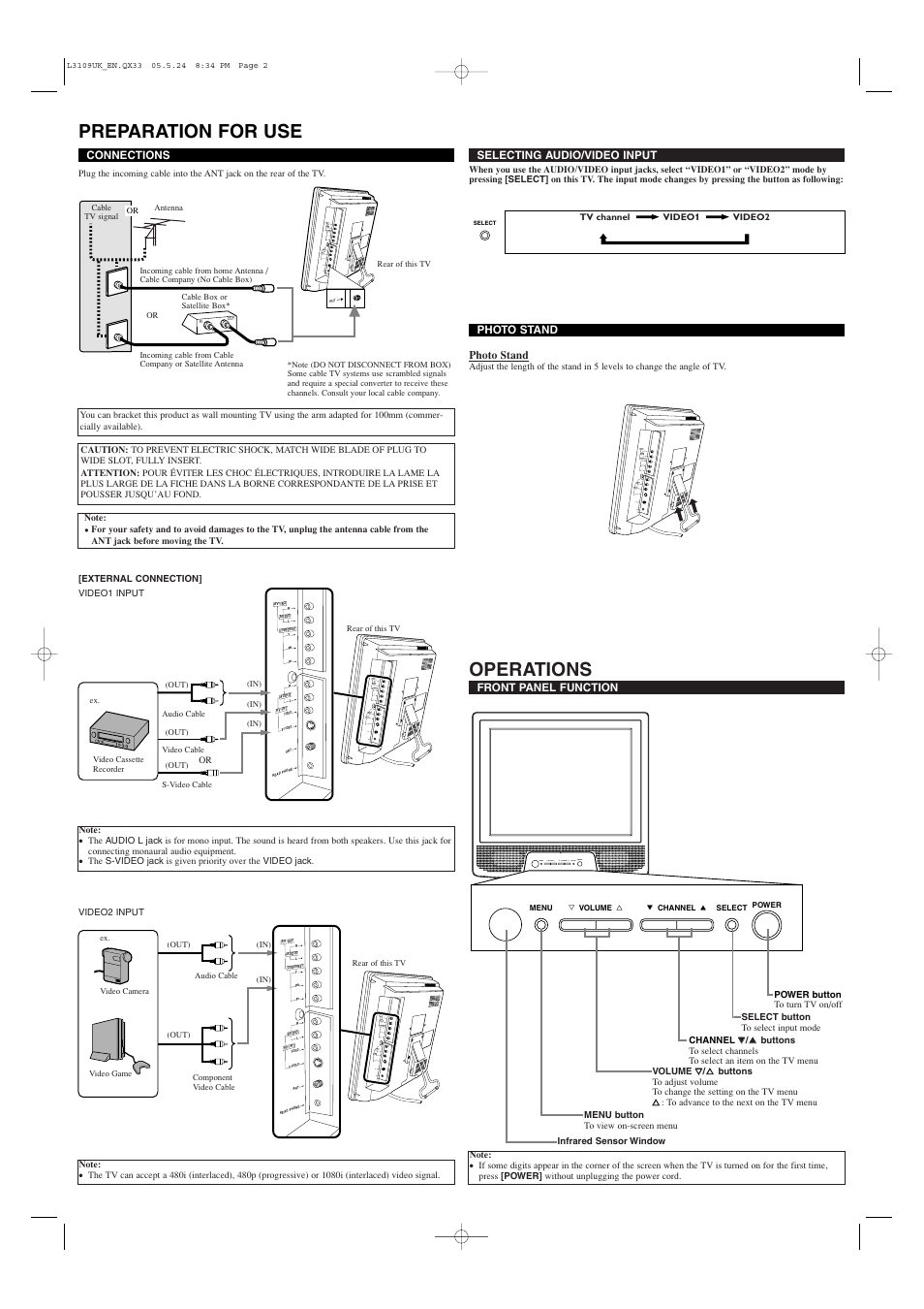 Preparation for use, Operations, Menu y volume x l channel k select power | Sylvania DVL515SLD User Manual | Page 2 / 8