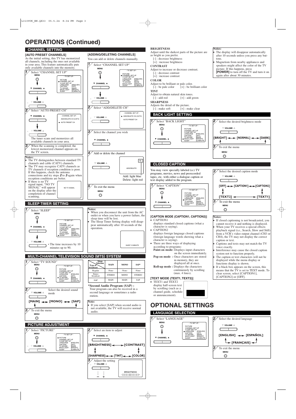 Operations (continued) optional settings, Picture adjustment, Channel setting | Language selection, Multi-channel television sound (mts) system, Sleep timer setting, Closed caption back light setting | Sylvania DVL515SLD User Manual | Page 3 / 8
