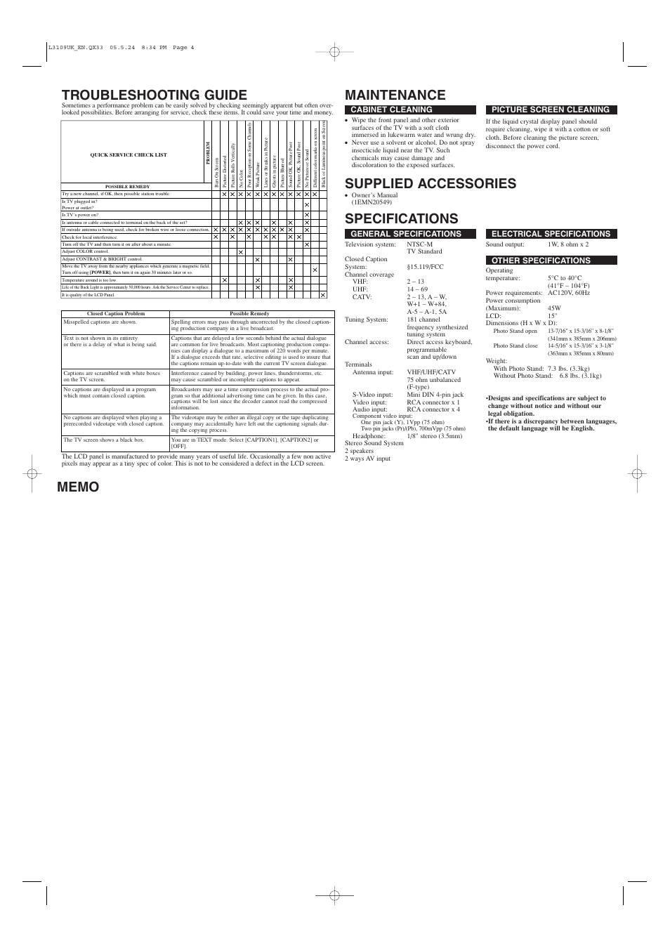 Specifications maintenance troubleshooting guide, Supplied accessories | Sylvania DVL515SLD User Manual | Page 4 / 8