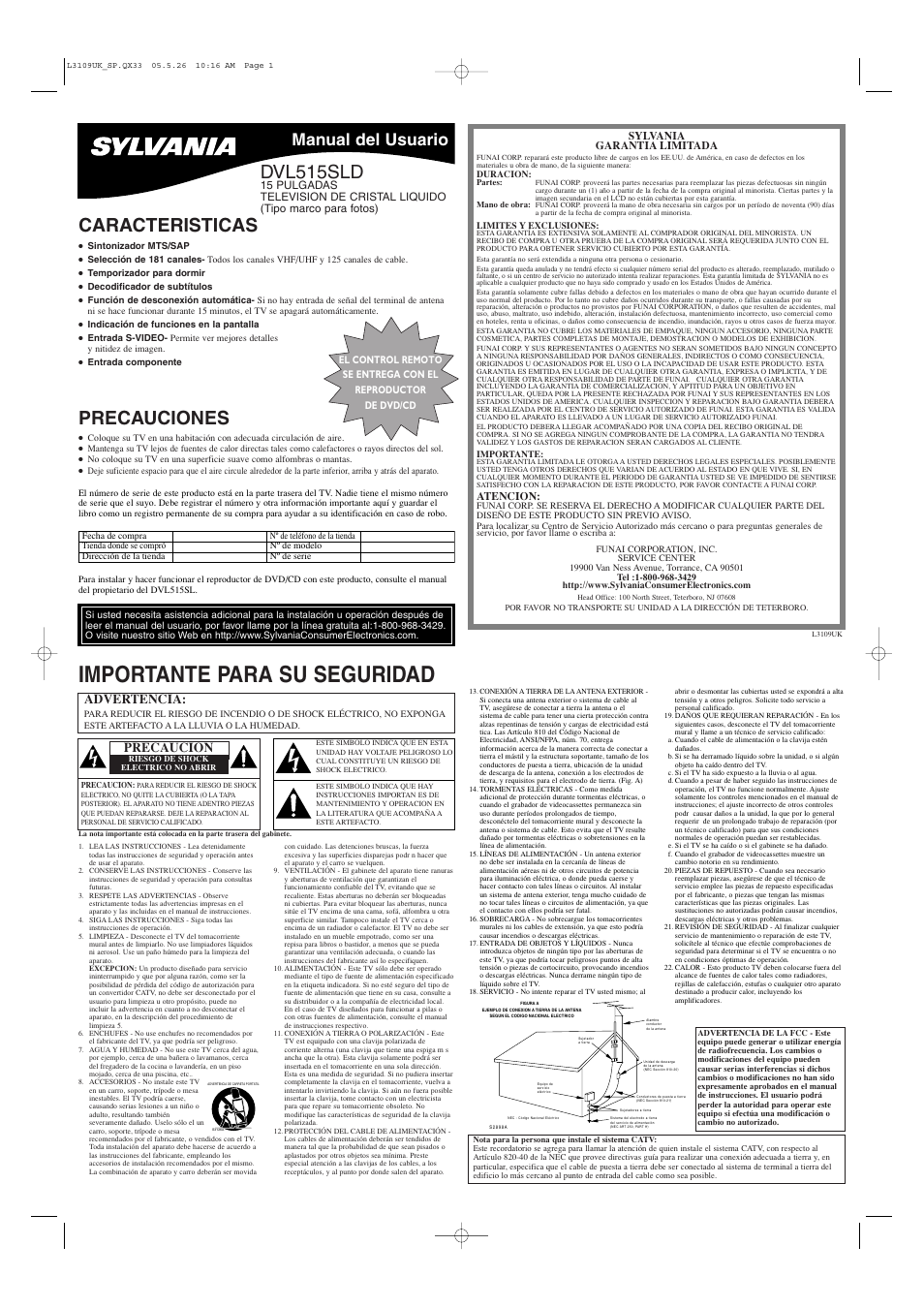 Importante para su seguridad, Caracteristicas, Precauciones | Dvl515sld, Manual del usuario, Advertencia, Precaucion | Sylvania DVL515SLD User Manual | Page 5 / 8