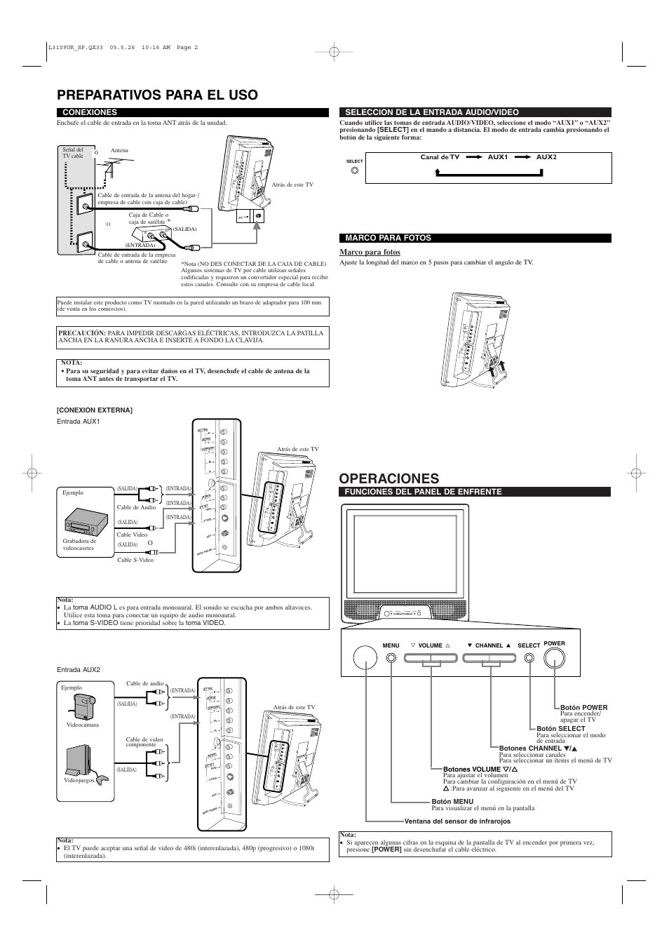 Preparativos para el uso, Operaciones, Menu y volume x l channel k select power | Sylvania DVL515SLD User Manual | Page 6 / 8