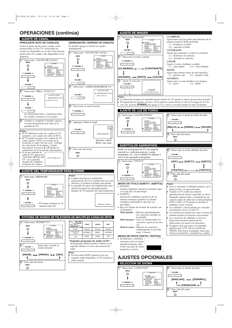 Operaciones (continúa) ajustes opcionales, Ajuste de imagen, Ajuste de canal | Seleccion de idioma, Subtitulos narrativos | Sylvania DVL515SLD User Manual | Page 7 / 8