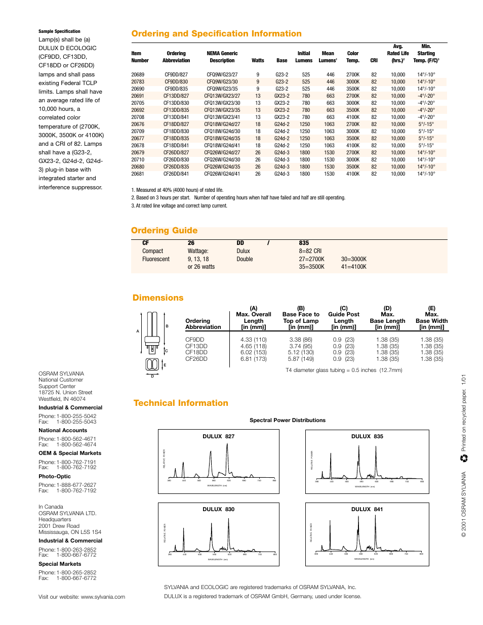 Technical information, Dimensions | Sylvania DULUX 20691 User Manual | Page 2 / 2