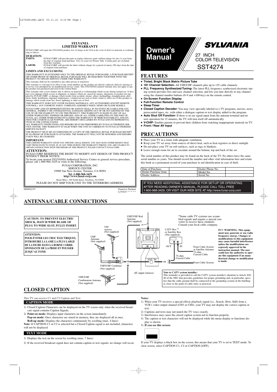 Sylvania SST4274 User Manual | 4 pages