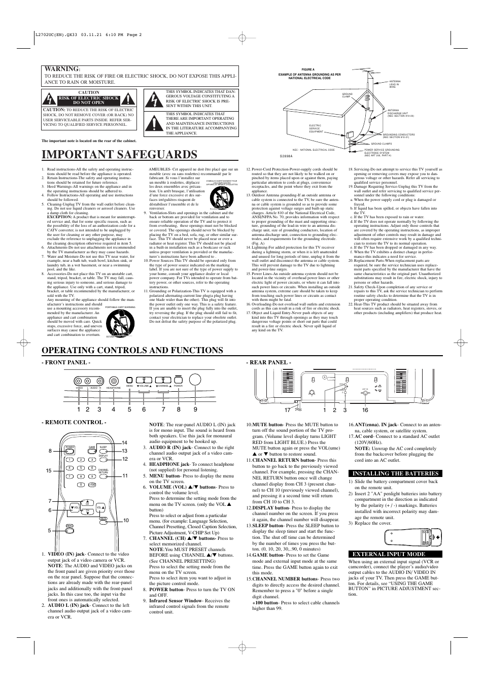 Important safeguards, Operating controls and functions, Warning | Front panel - - rear panel, Remote control, Installing the batteries, External input mode | Sylvania SST4274 User Manual | Page 2 / 4
