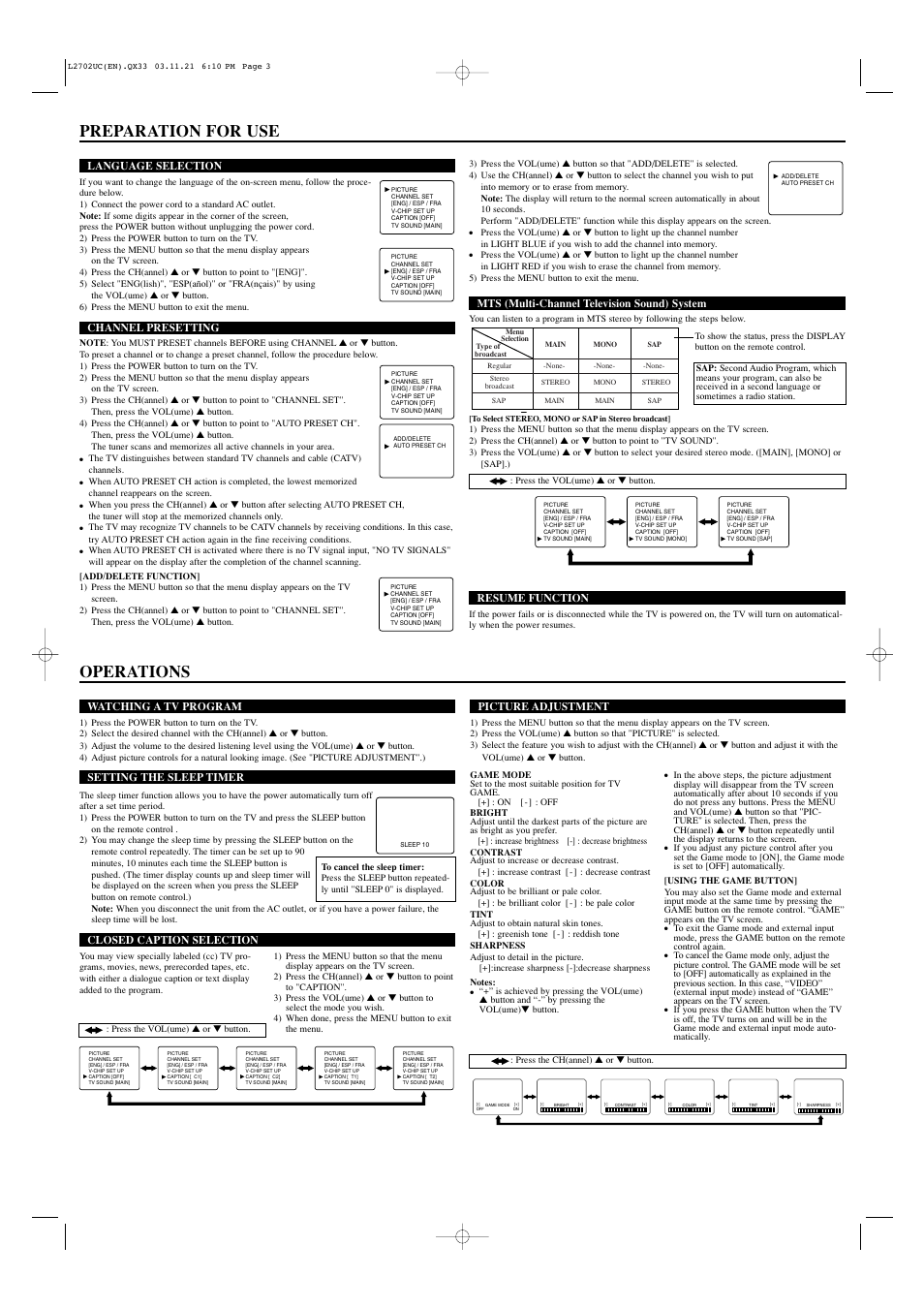 Preparation for use, Operations | Sylvania SST4274 User Manual | Page 3 / 4