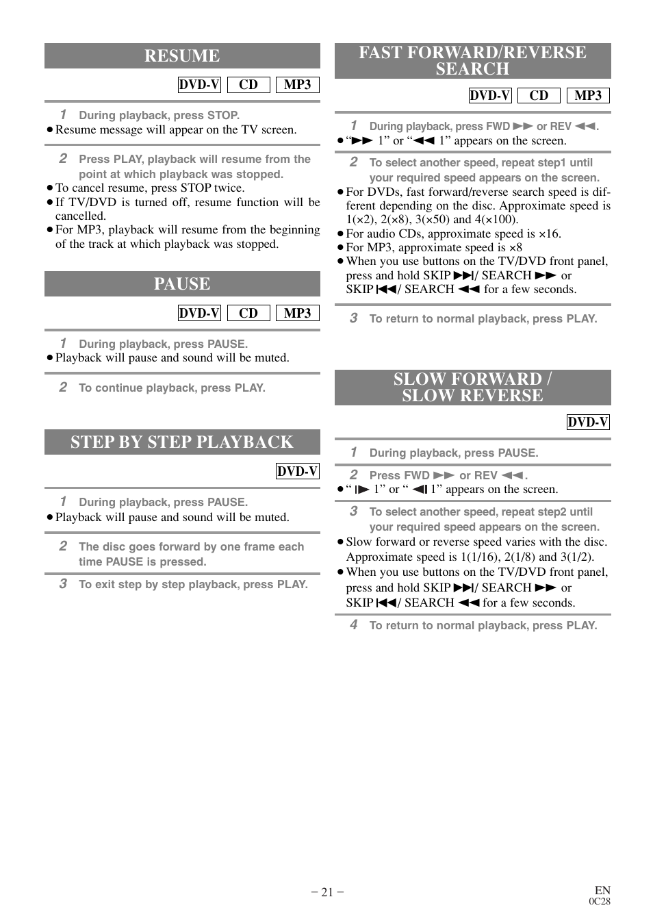 Step by step playback, Resume, Pause | Sylvania 6513DE User Manual | Page 21 / 40