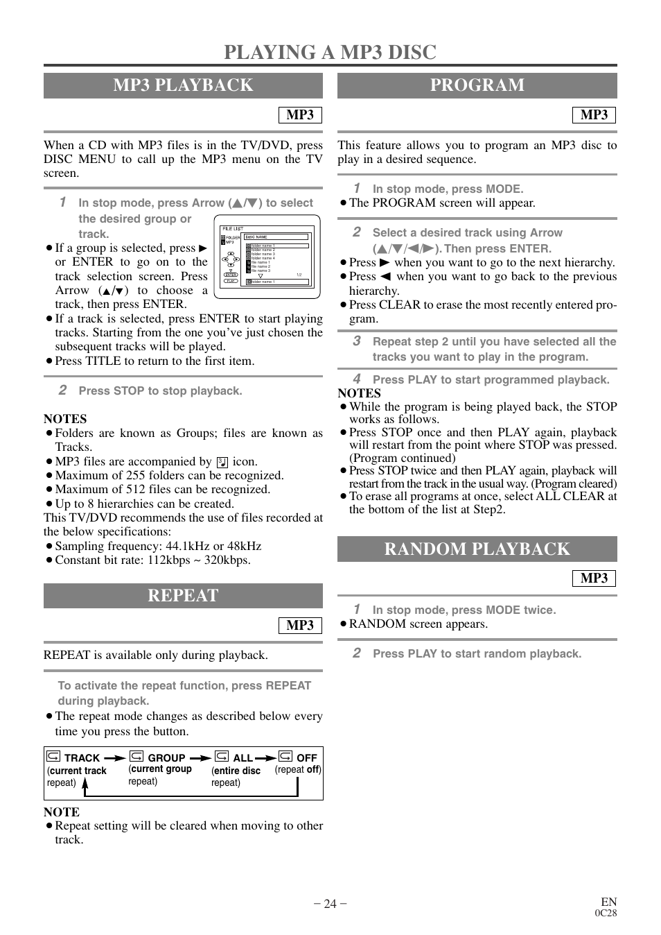 Playing a mp3 disc, Mp3 playback, Random playback | Program repeat | Sylvania 6513DE User Manual | Page 24 / 40