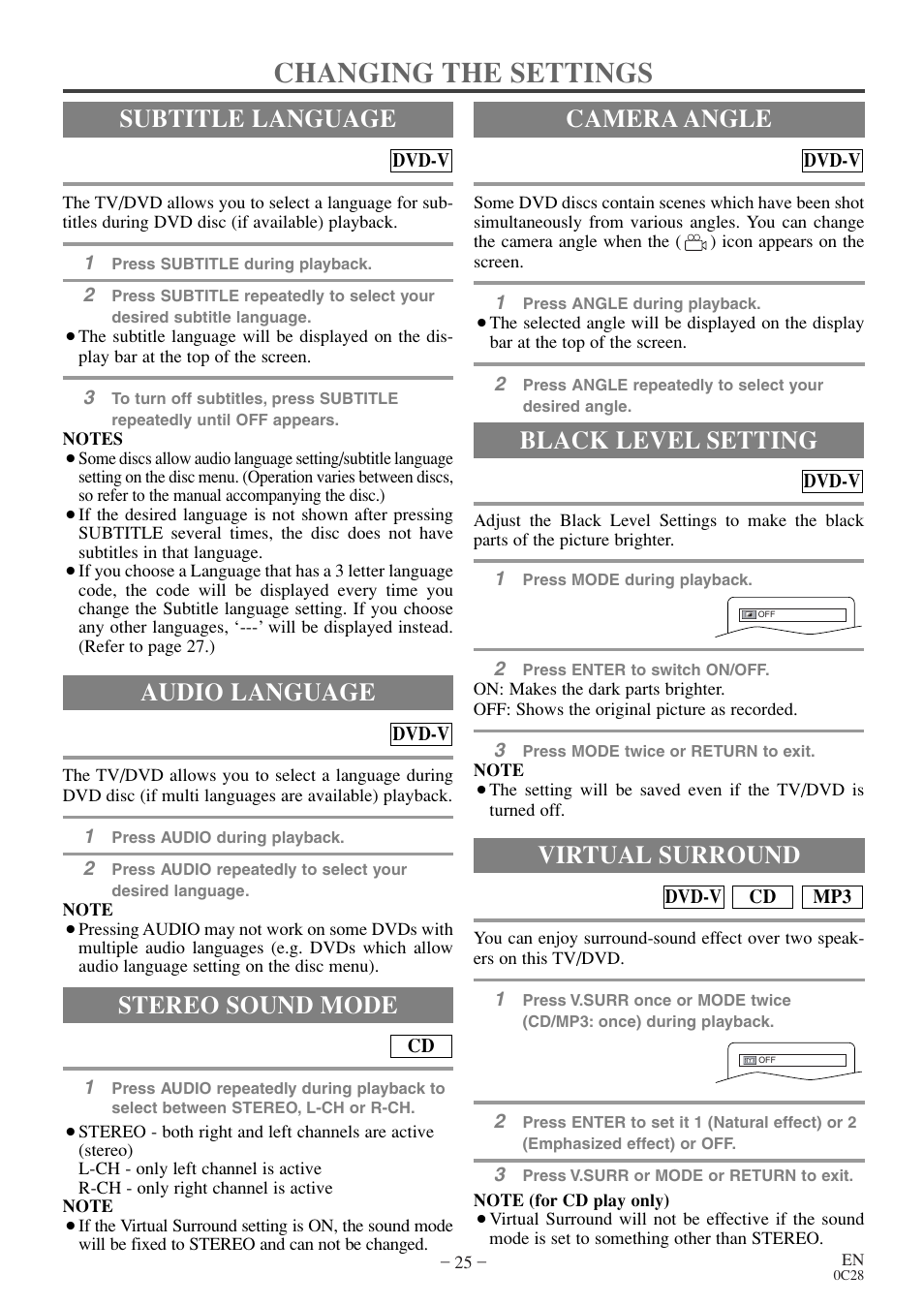 Changing the settings, Audio language, Stereo sound mode | Subtitle language camera angle, Black level setting, Virtual surround | Sylvania 6513DE User Manual | Page 25 / 40