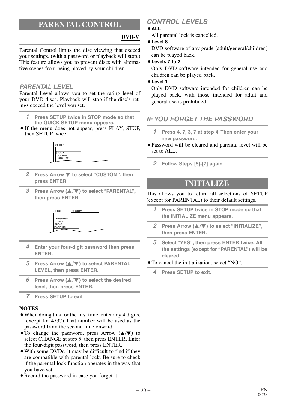 Parental control, Initialize, Control levels | If you forget the password | Sylvania 6513DE User Manual | Page 29 / 40