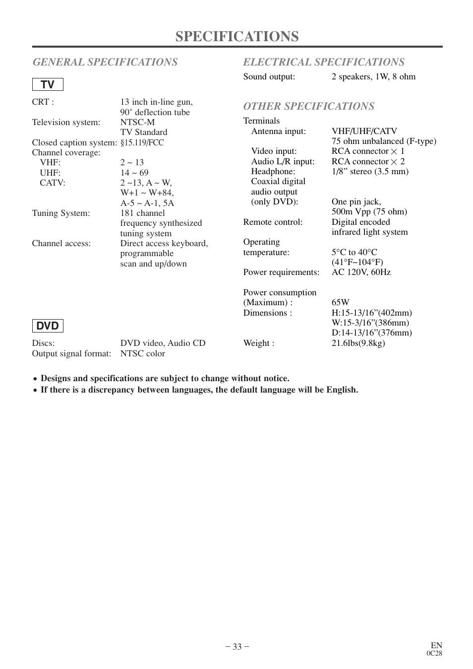 Specifications | Sylvania 6513DE User Manual | Page 33 / 40