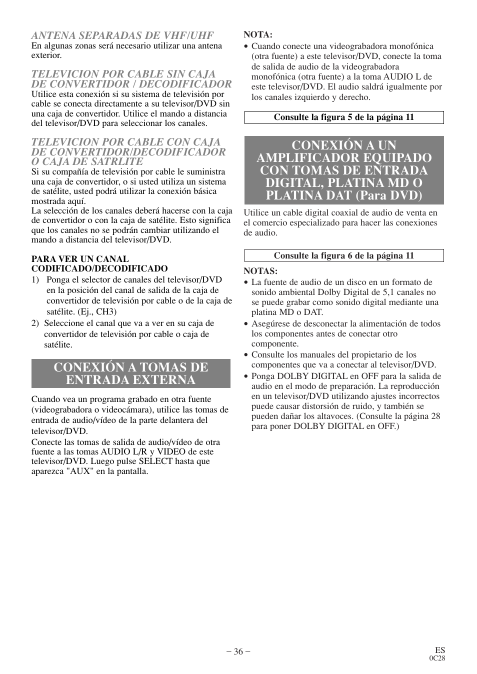 Conexión a tomas de entrada externa | Sylvania 6513DE User Manual | Page 36 / 40