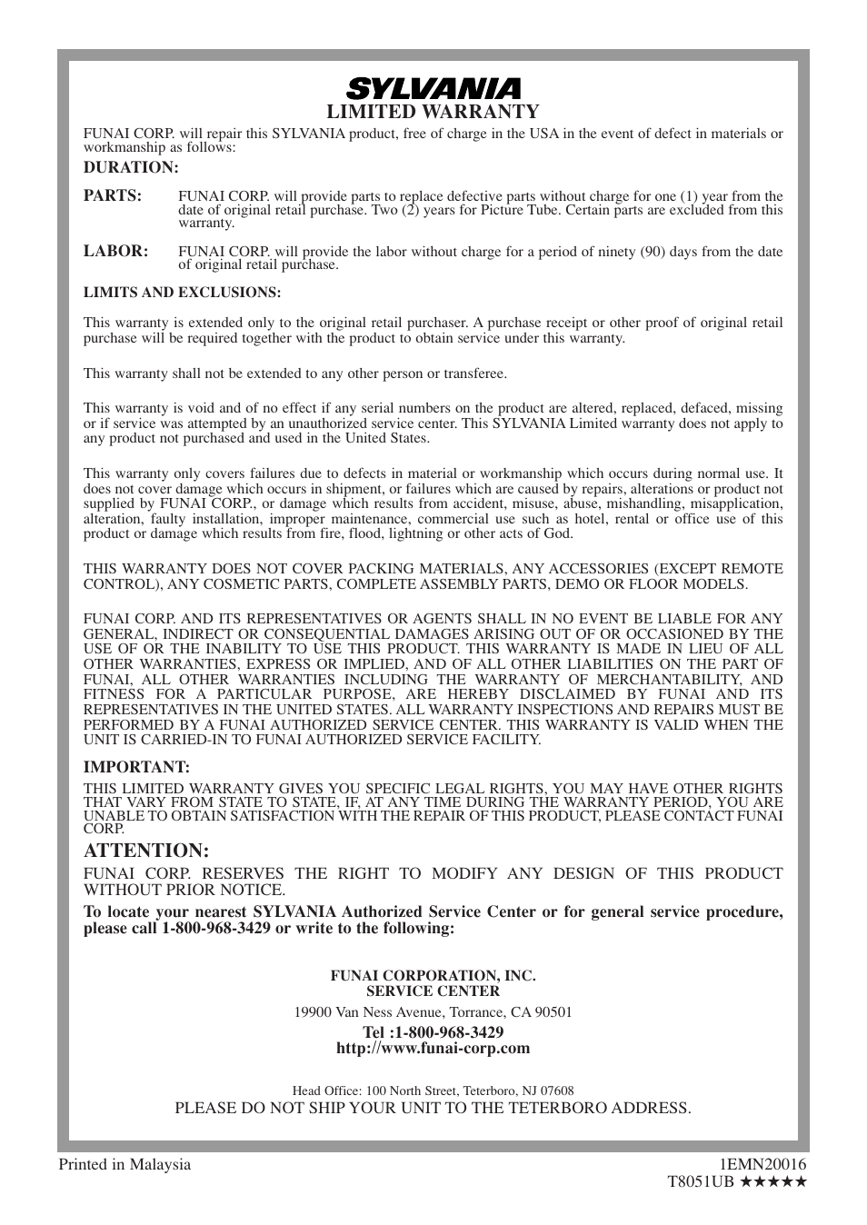 Limited warranty, Attention | Sylvania 6513DE User Manual | Page 40 / 40