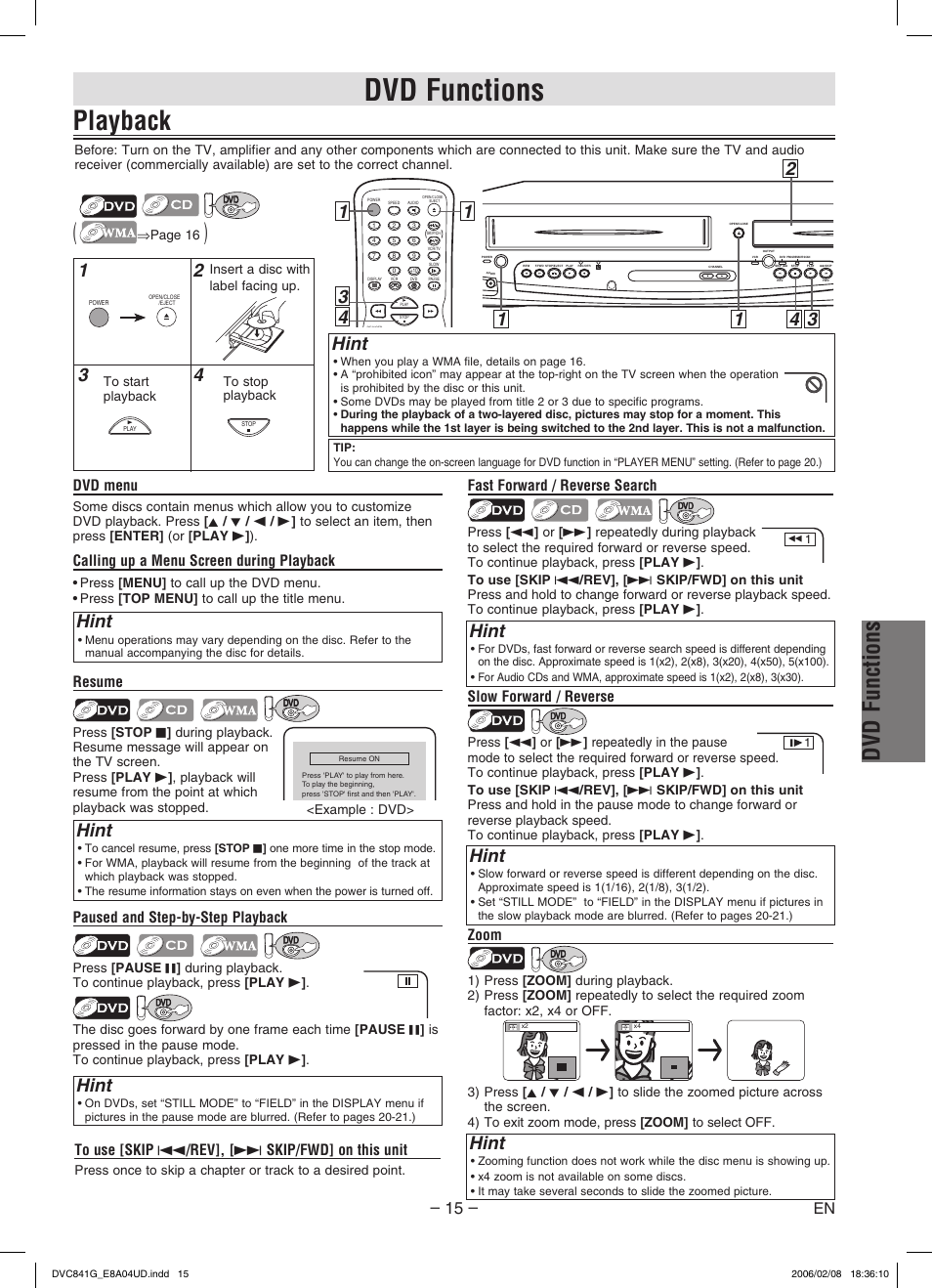 Playback, Dvd functions, Hint | Paused and step-by-step playback, Fast forward / reverse search, Dvd menu, Calling up a menu screen during playback, Resume, Zoom, Slow forward / reverse | Sylvania DVC841G User Manual | Page 15 / 28