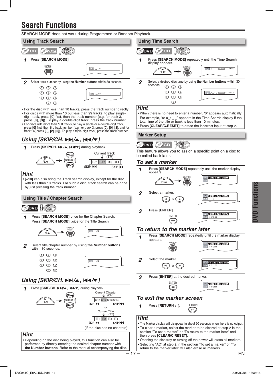 Search functions, Dvd functions, Using [skip/ch. g / o , h / p | Hint, Using track search, Using time search, Marker setup, Using title / chapter search | Sylvania DVC841G User Manual | Page 17 / 28