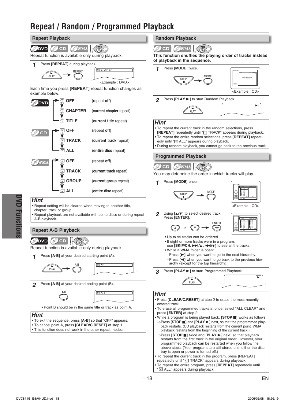 Repeat / random / programmed playback, Dvd functions, Hint | Sylvania DVC841G User Manual | Page 18 / 28