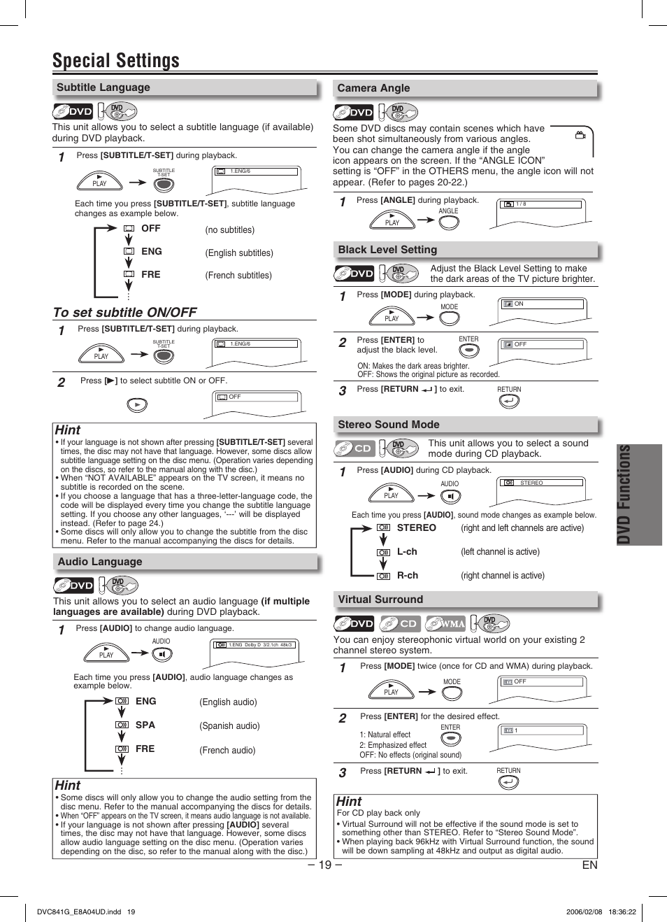 Special settings, Dvd functions, Hint | Sylvania DVC841G User Manual | Page 19 / 28