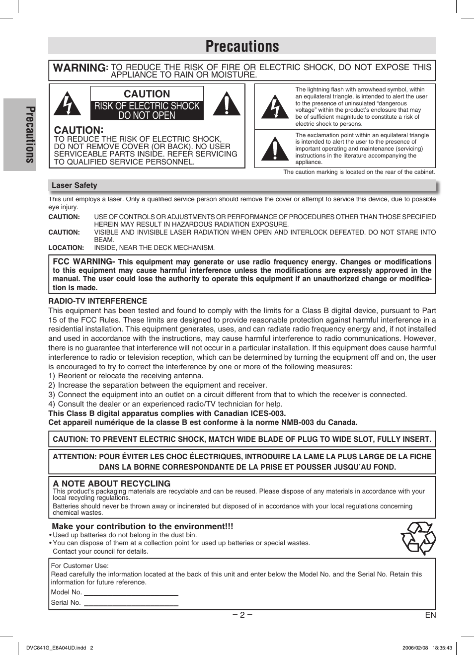 Precautions, Warning, Caution risk of electric shock do not open caution | Sylvania DVC841G User Manual | Page 2 / 28