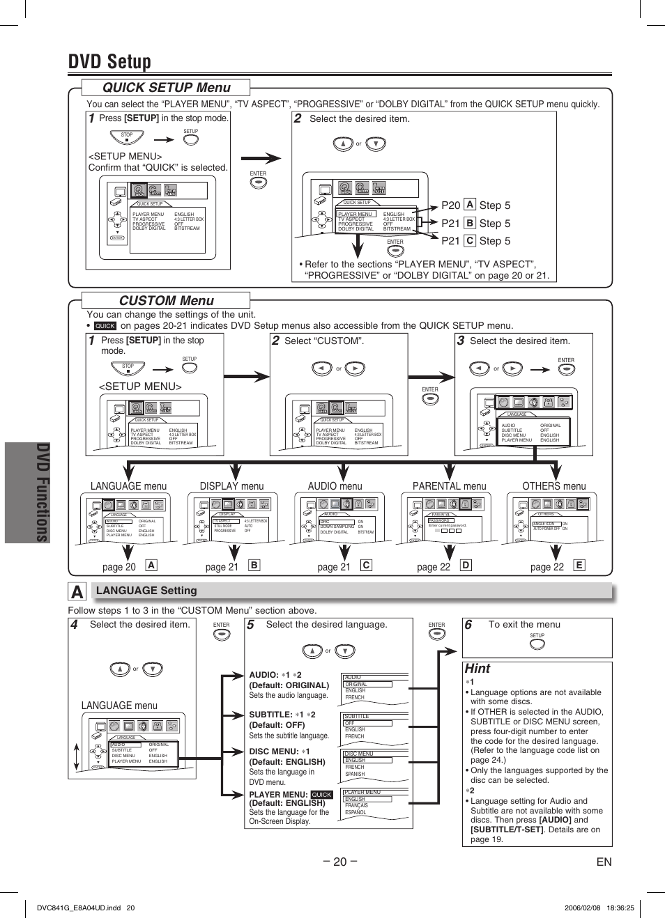 Dvd setup, Dvd functions, Custom menu | Hint, Quick setup menu, Language setting, Language menu audio menu display menu others menu, Language menu, Step 5 p21, Step 5 page 20 | Sylvania DVC841G User Manual | Page 20 / 28