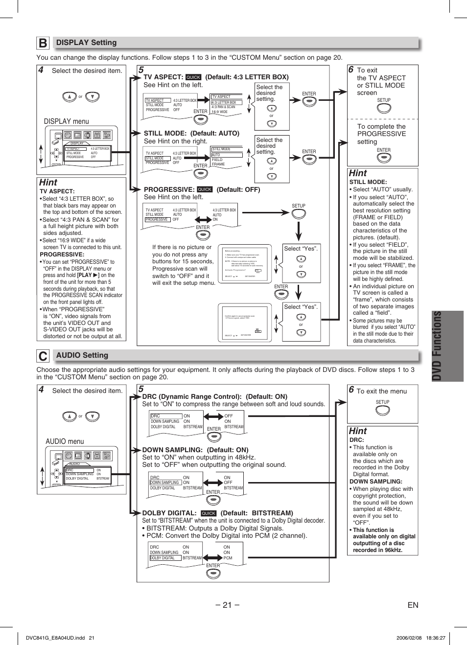 Dvd functions, Hint, Display menu | Audio menu, Display setting, Audio setting | Sylvania DVC841G User Manual | Page 21 / 28