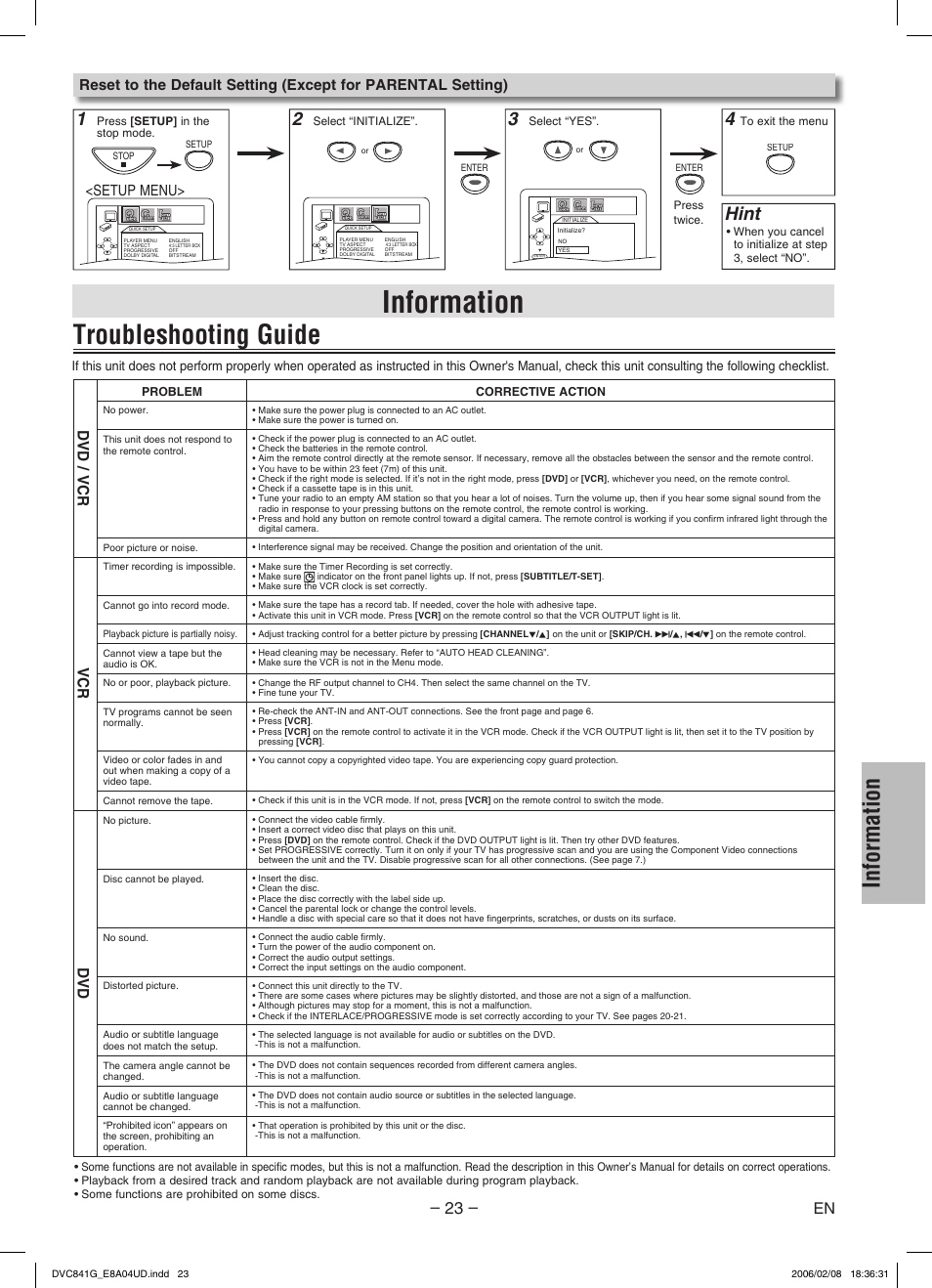 Troubleshooting guide, Information, Hint | Dvd / vcr, Setup menu | Sylvania DVC841G User Manual | Page 23 / 28