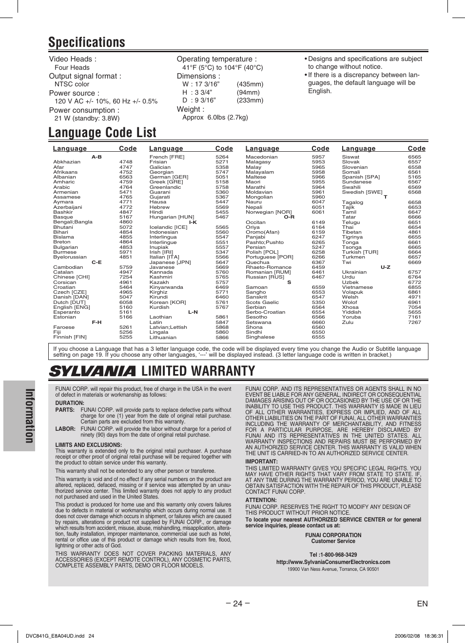 Language code list specifications, Limited warranty, Information | Video heads, Output signal format, Power source, Power consumption, Operating temperature, Dimensions, Weight | Sylvania DVC841G User Manual | Page 24 / 28