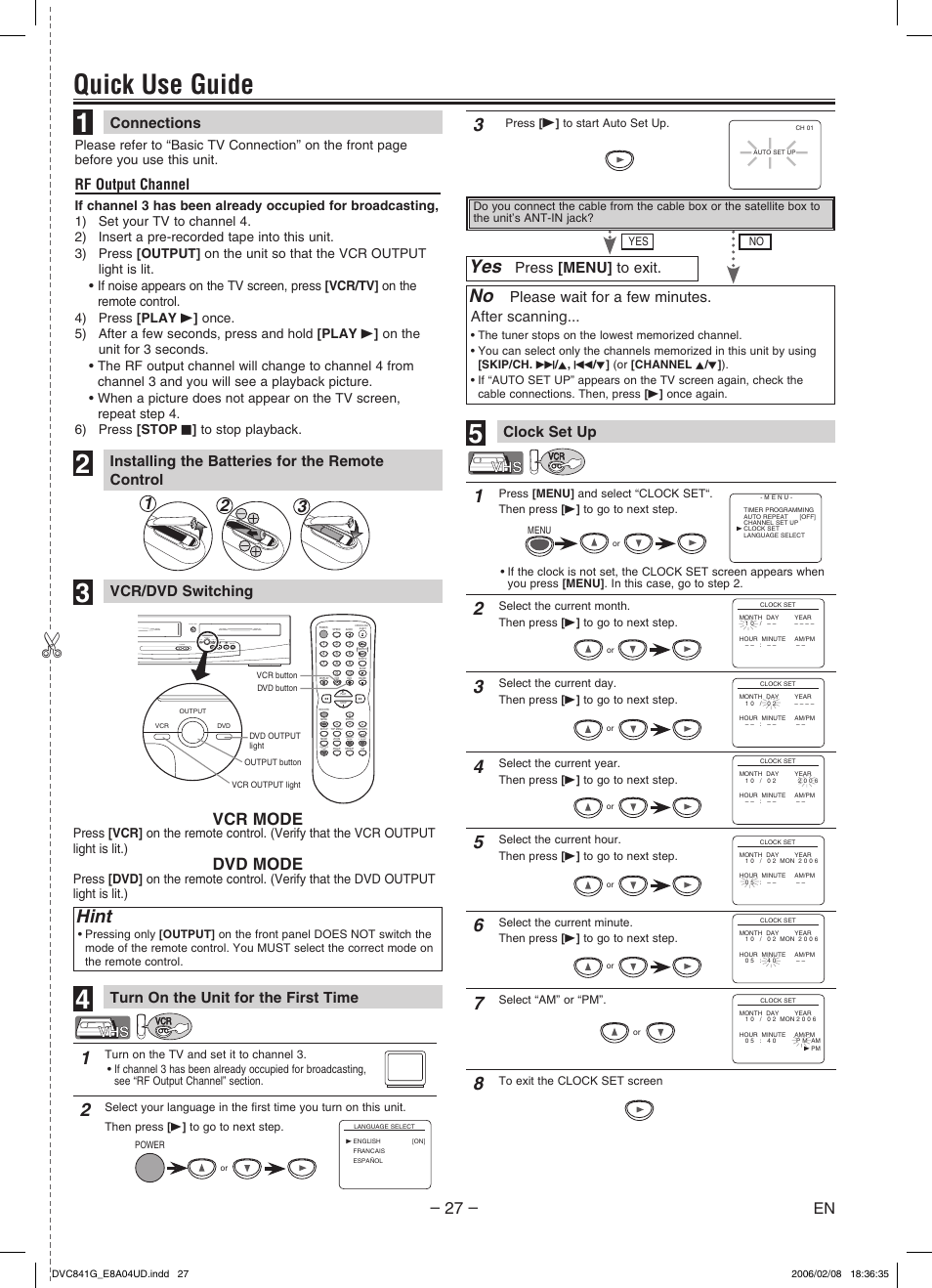 Quick use guide, Hint, Vcr mode | Dvd mode, Rf output channel, Connections clock set up, Installing the batteries for the remote control, Please wait for a few minutes. after scanning, Press [menu] to exit, Subtitle t-set | Sylvania DVC841G User Manual | Page 27 / 28