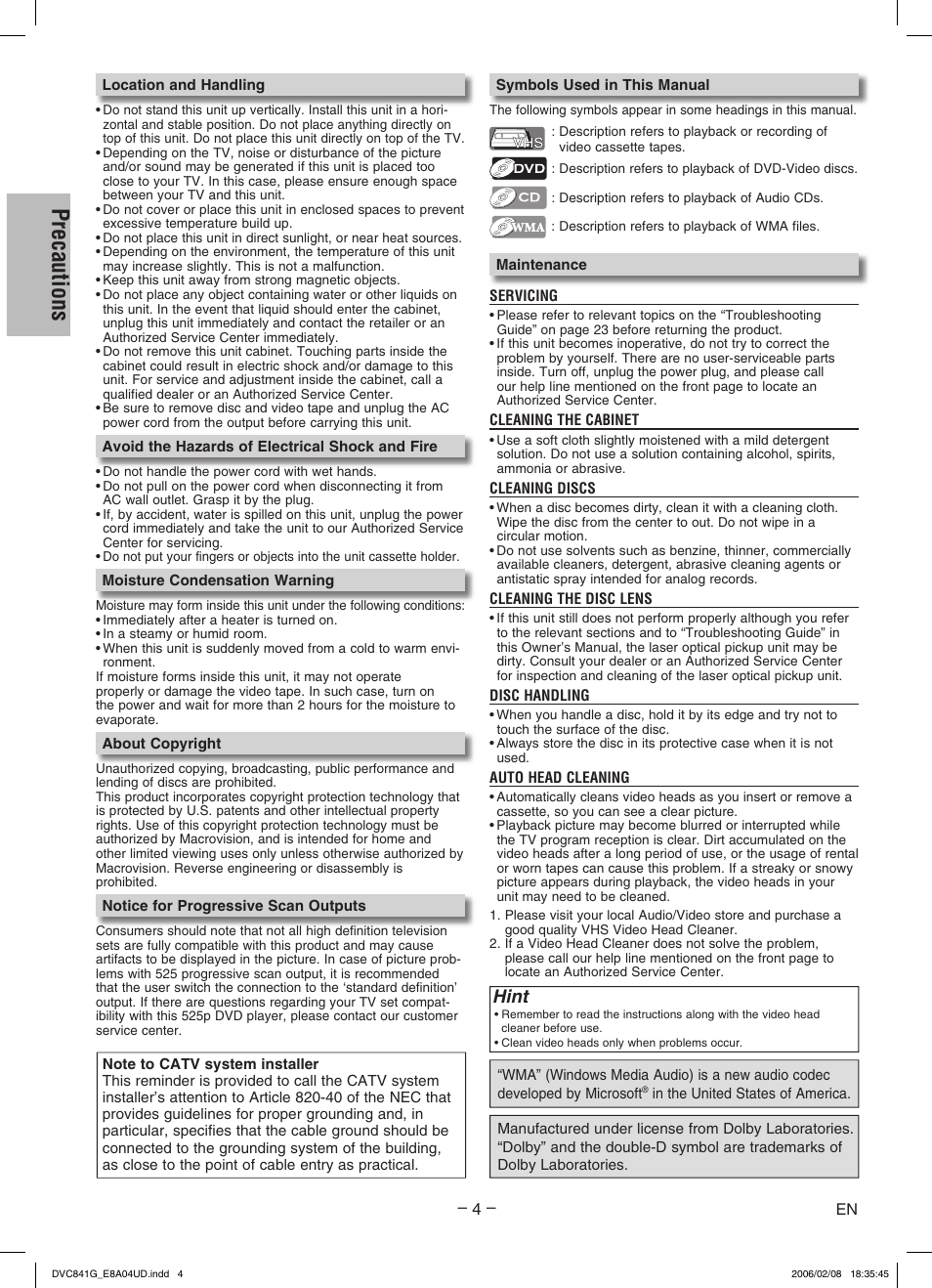 Precautions, Hint | Sylvania DVC841G User Manual | Page 4 / 28