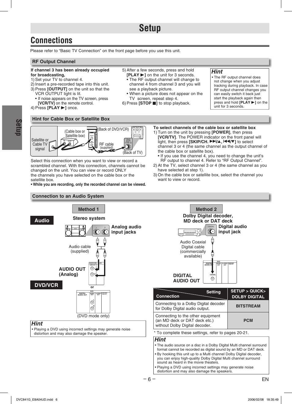 Connections, Setup, Hint | Audio dvd/vcr, Hint for cable box or satellite box, Rf output channel | Sylvania DVC841G User Manual | Page 6 / 28