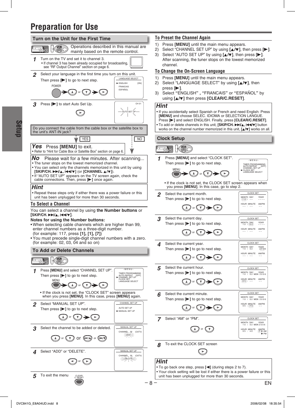 Preparation for use, Setup, Hint | Please wait for a few minutes. after scanning, Press [menu] to exit, Turn on the unit for the first time, Clock setup | Sylvania DVC841G User Manual | Page 8 / 28