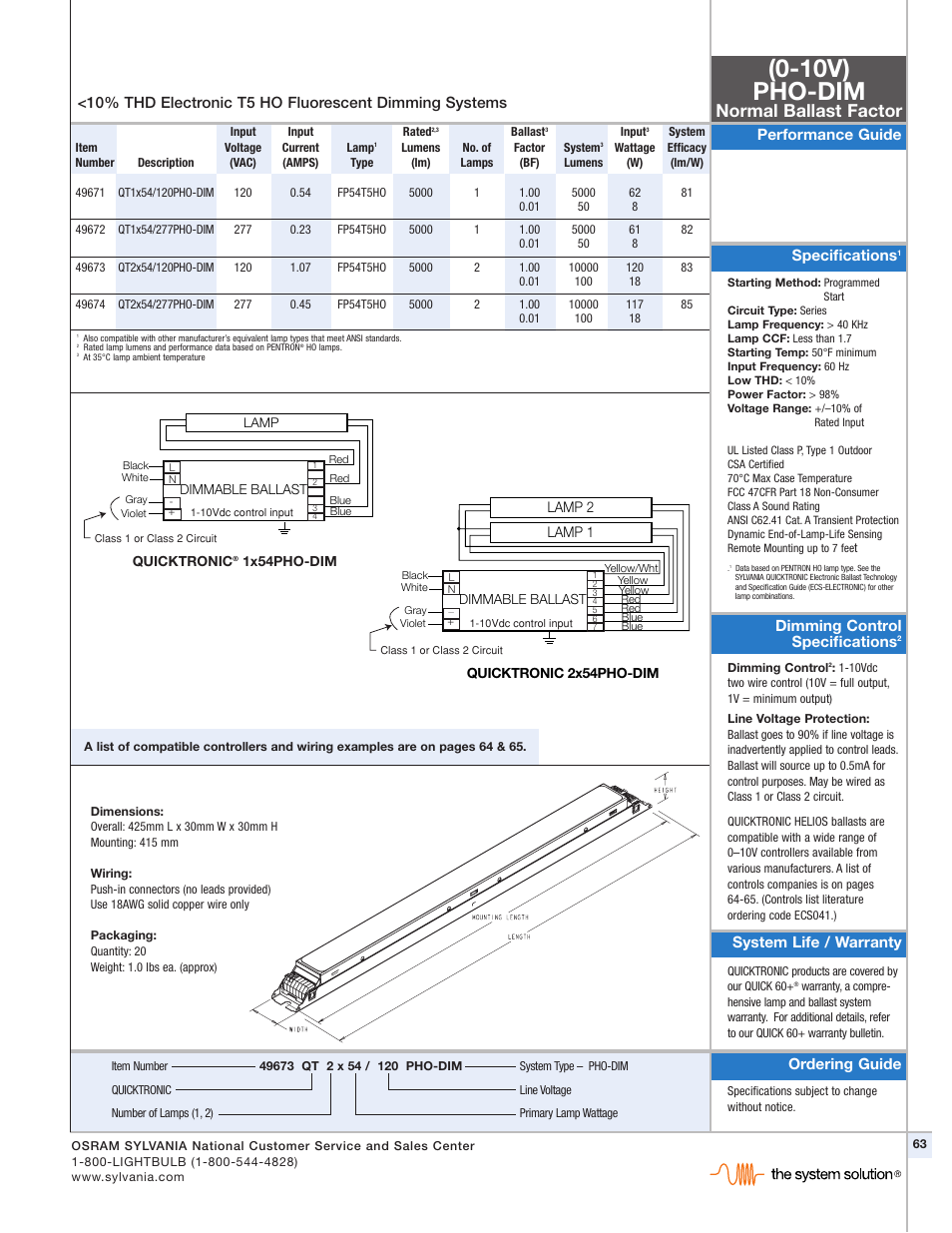 10v) pho-dim, Normal ballast factor, Performance guide specifications | Dimming control specifications | Sylvania HELIOS T5HO User Manual | Page 2 / 2