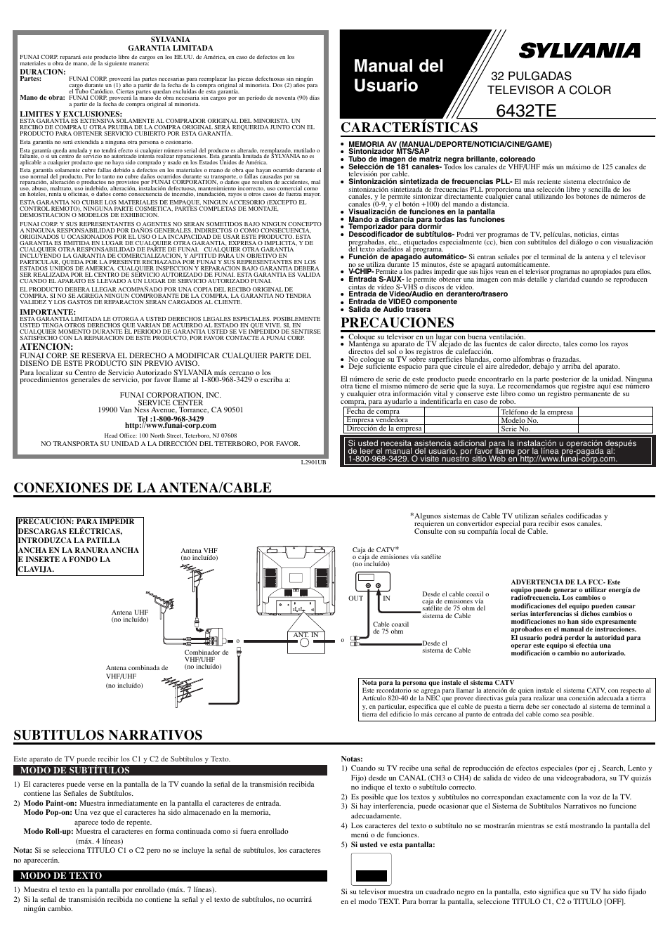 Manual del usuario, 6432te, Conexiones de la antena/cable precauciones | Características, Subtitulos narrativos, 32 pulgadas televisor a color | Sylvania 6432TE User Manual | Page 5 / 8