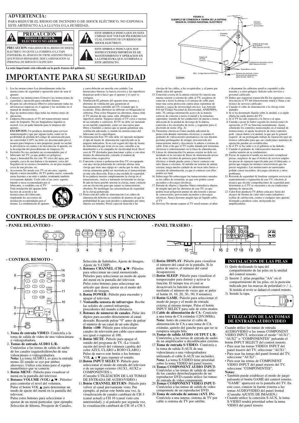 Importante para su seguridad, Controles de operación y sus funciones, Advertencia | Precaucion, Panel delantero - - panel trasero, Control remoto, Instalacion de las pilas, Utilización de las tomas de entrada audio/video | Sylvania 6432TE User Manual | Page 6 / 8