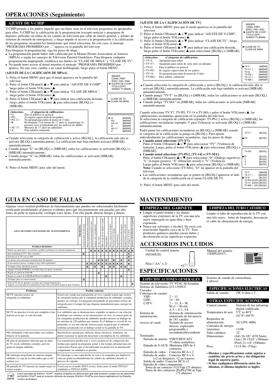Especificaciones, Operaciones (seguimiento), Owner’s manual | Especificaciones generales, Especificaciones electricas, Otras especificaciones, Limpieza del gabinete, Limpieza del tubo catodico, Ajuste de v-chip | Sylvania 6432TE User Manual | Page 8 / 8