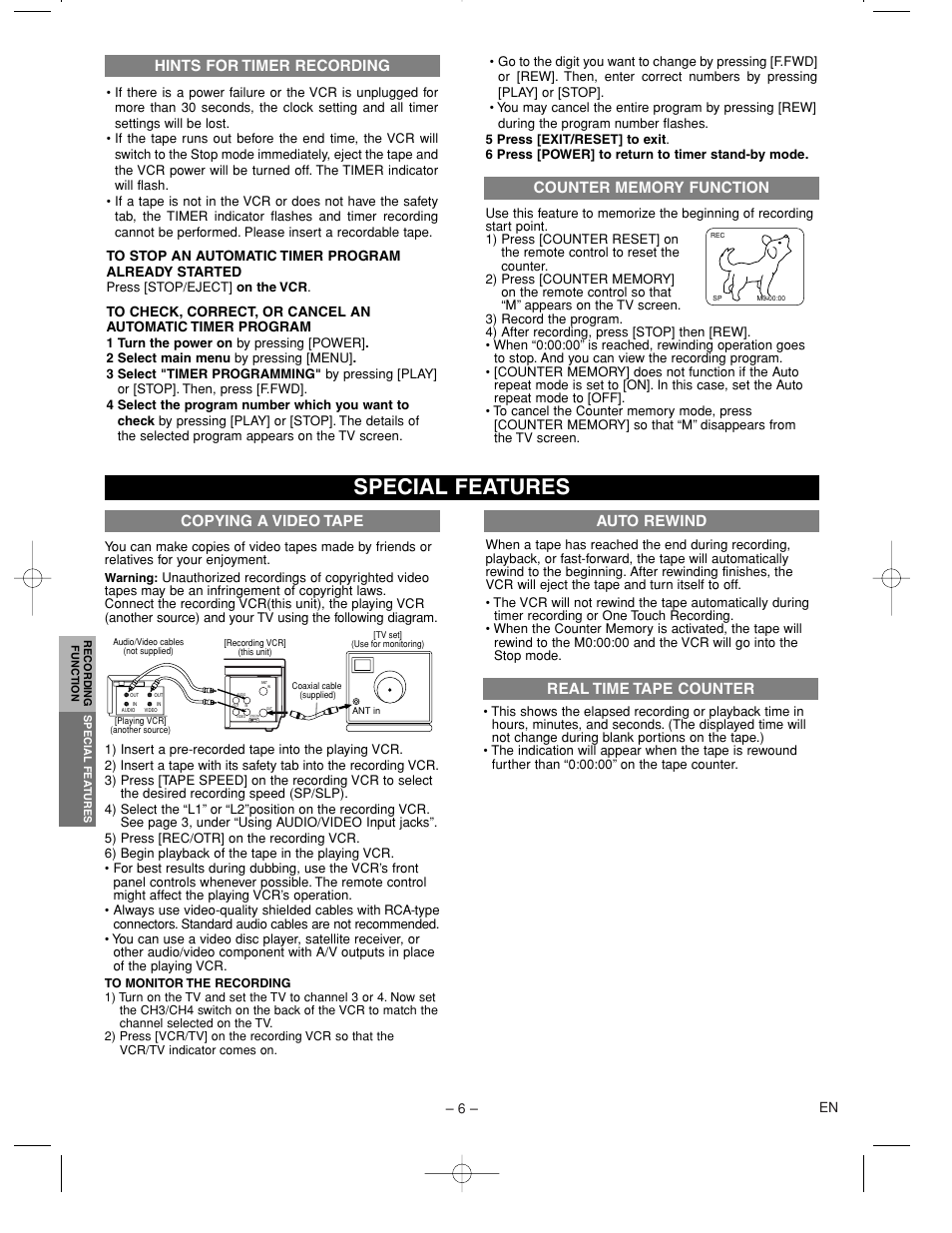 Special features, Copying a video tape, Hints for timer recording | Auto rewind, Real time tape counter | Sylvania 6242CVC User Manual | Page 6 / 8