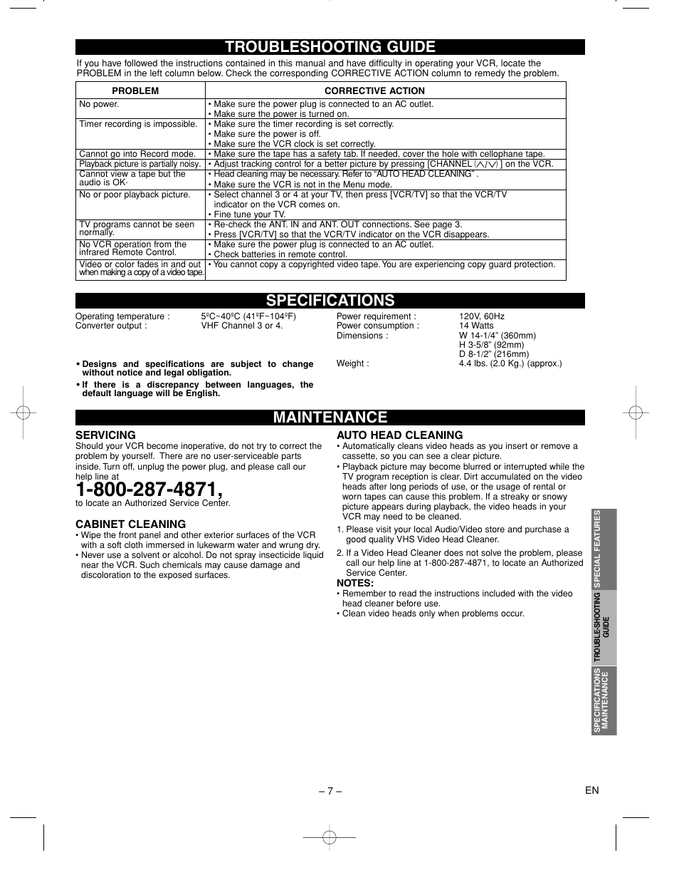 Maintenance specifications troubleshooting guide | Sylvania 6242CVC User Manual | Page 7 / 8
