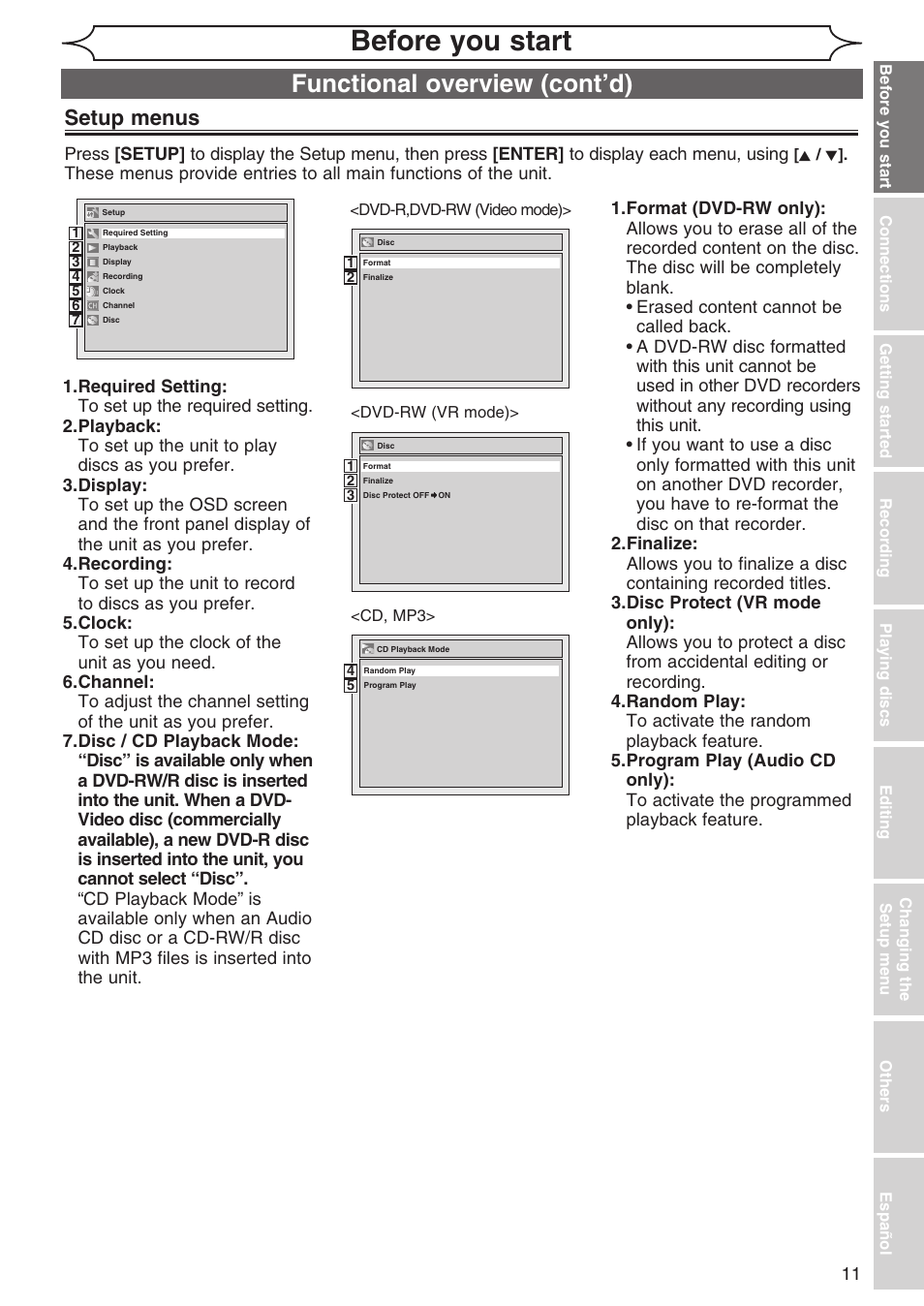 Before you start, Functional overview (cont’d), Setup menus | Sylvania DVR90DG User Manual | Page 11 / 82