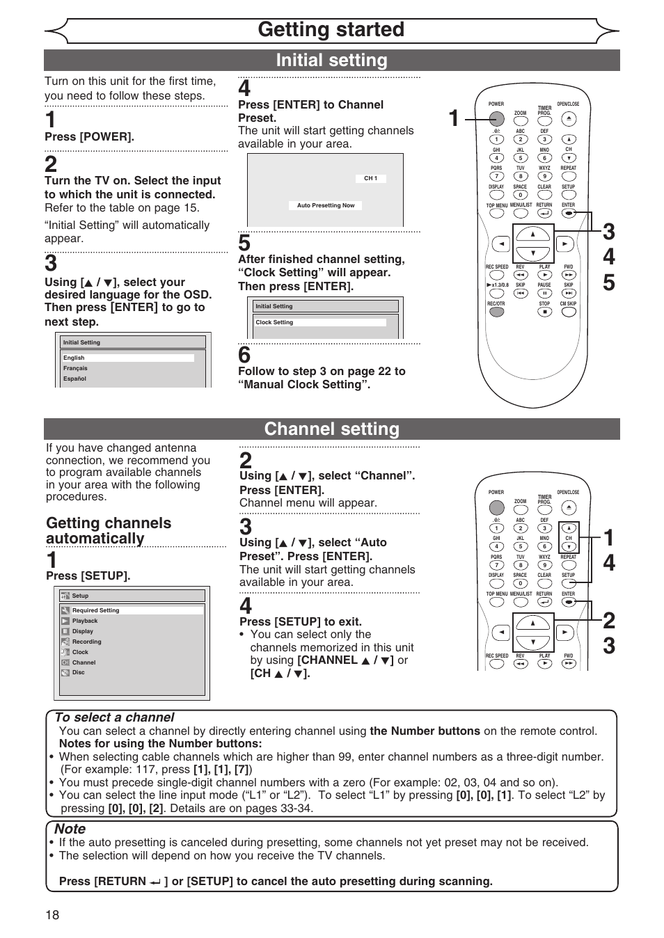 Getting started, Initial setting, Channel setting | Getting channels automatically, Press [power, Enter, Press [setup | Sylvania DVR90DG User Manual | Page 18 / 82