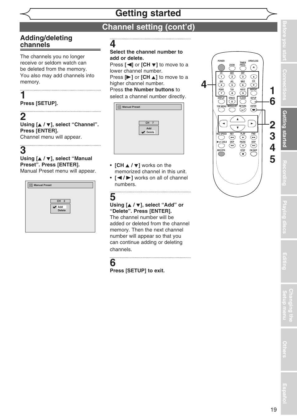 Getting started, Channel setting (cont’d), Adding/deleting channels | Sylvania DVR90DG User Manual | Page 19 / 82