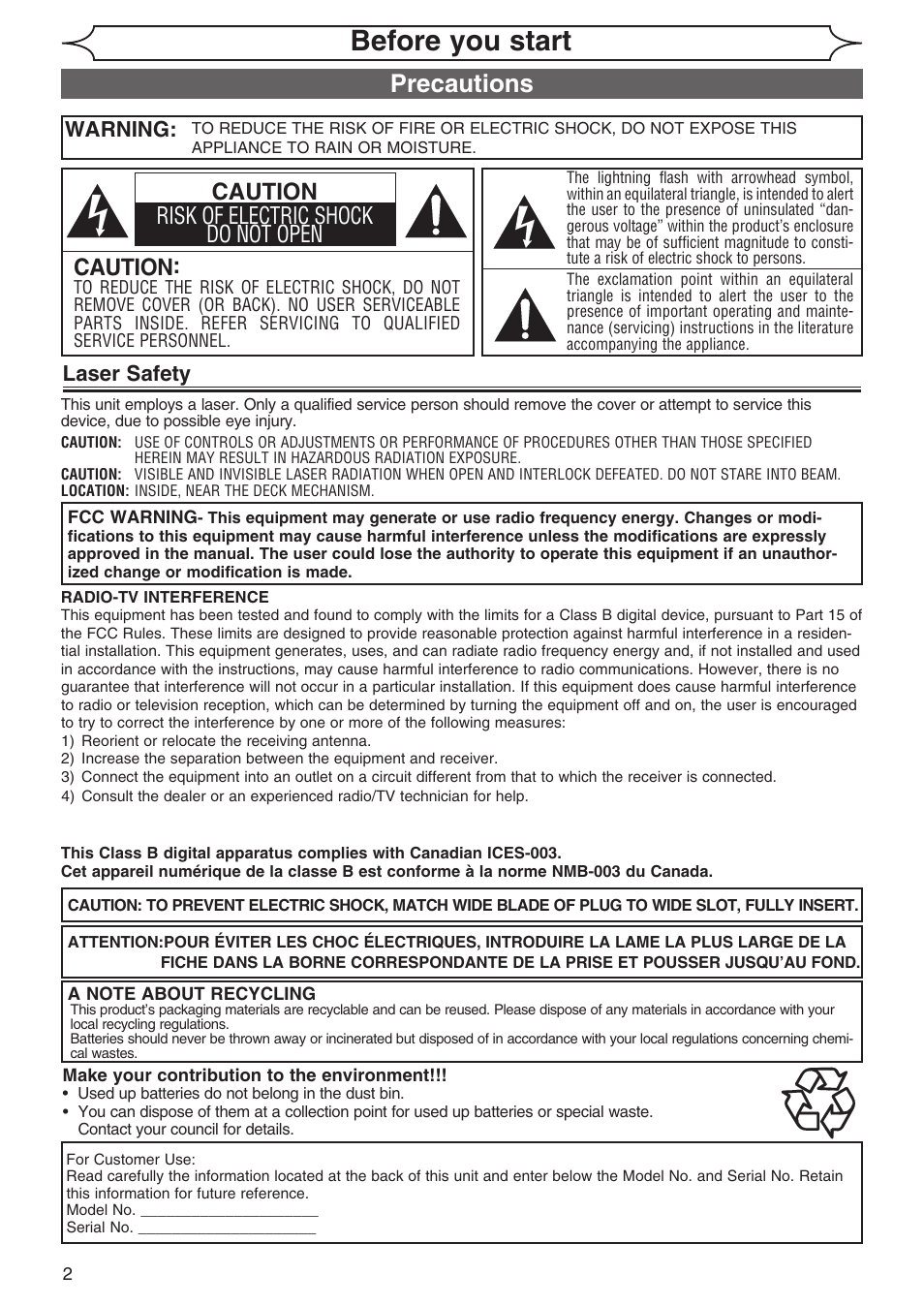 Before you start, Precautions, Caution | Caution risk of electric shock do not open, Laser safety, Warning | Sylvania DVR90DG User Manual | Page 2 / 82