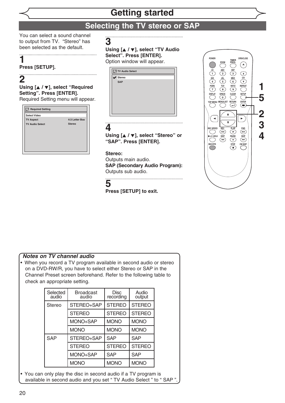 Getting started, Selecting the tv stereo or sap | Sylvania DVR90DG User Manual | Page 20 / 82