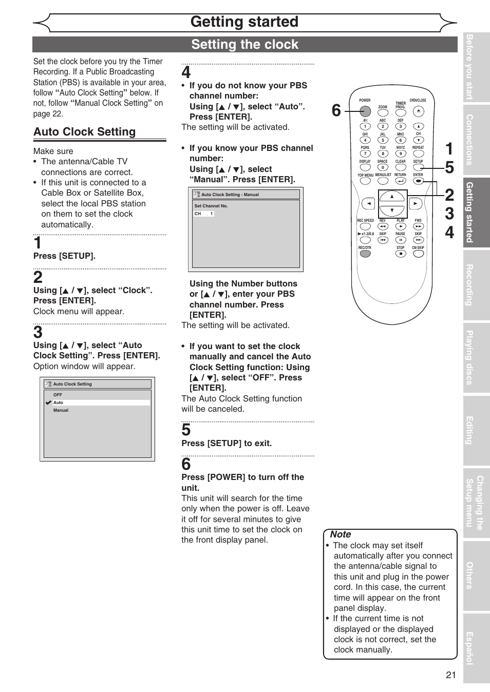 Getting started, Setting the clock, Auto clock setting | Sylvania DVR90DG User Manual | Page 21 / 82