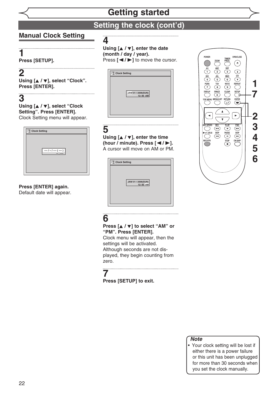 Getting started, Setting the clock (cont’d), Manual clock setting | Sylvania DVR90DG User Manual | Page 22 / 82