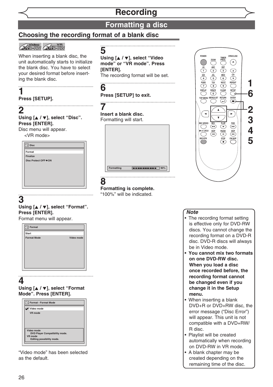 Recording, Formatting a disc, Choosing the recording format of a blank disc | Sylvania DVR90DG User Manual | Page 26 / 82