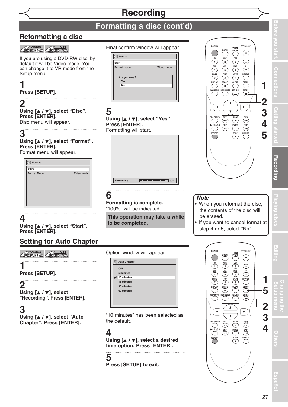 Recording, Formatting a disc (cont’d), Reformatting a disc | Setting for auto chapter, Press [setup, Formatting is complete. “100%” will be indicated, This operation may take a while to be completed, Using [ k / l ], select “recording”. press [enter, Press [setup] to exit | Sylvania DVR90DG User Manual | Page 27 / 82