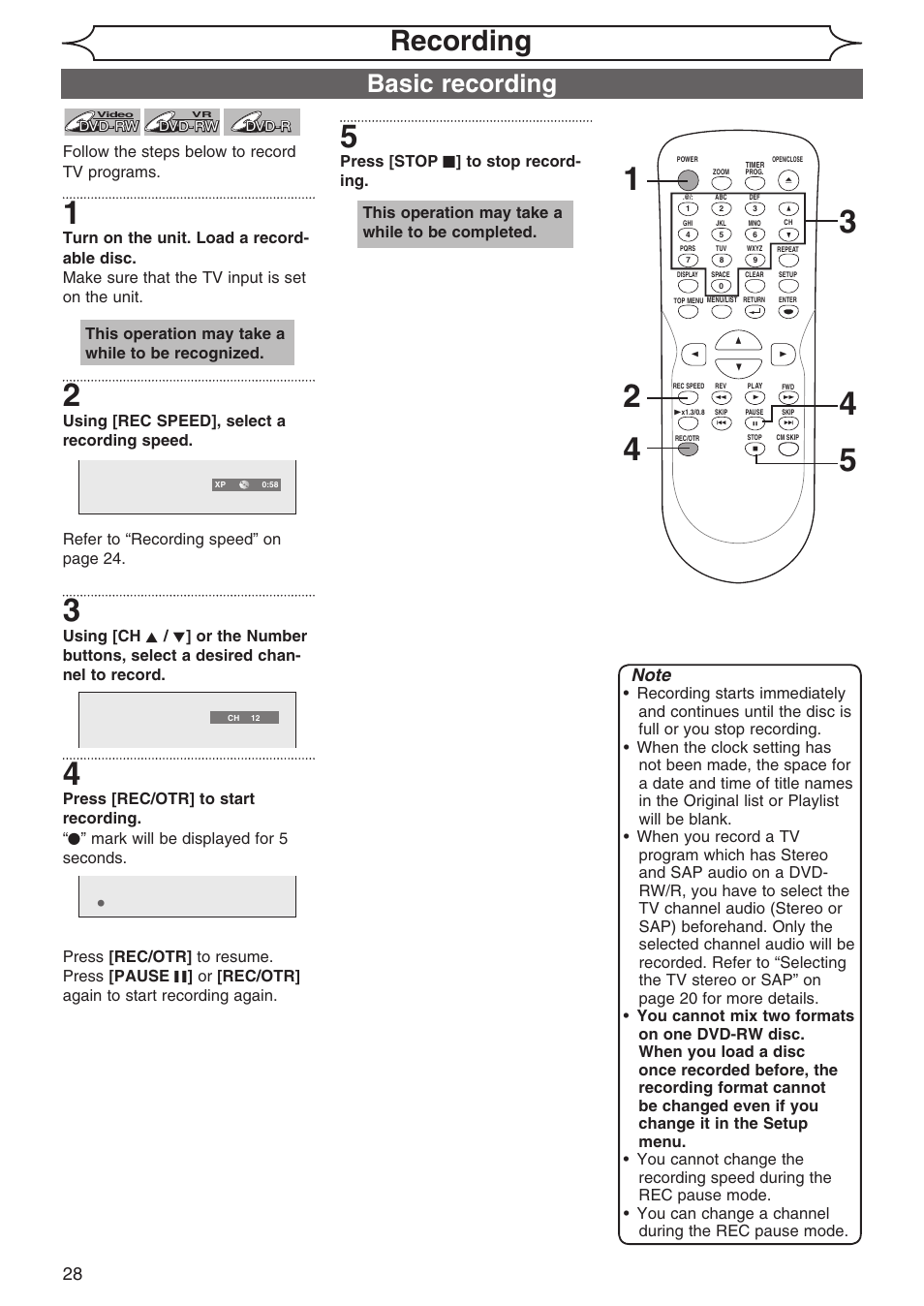 Recording, Basic recording | Sylvania DVR90DG User Manual | Page 28 / 82