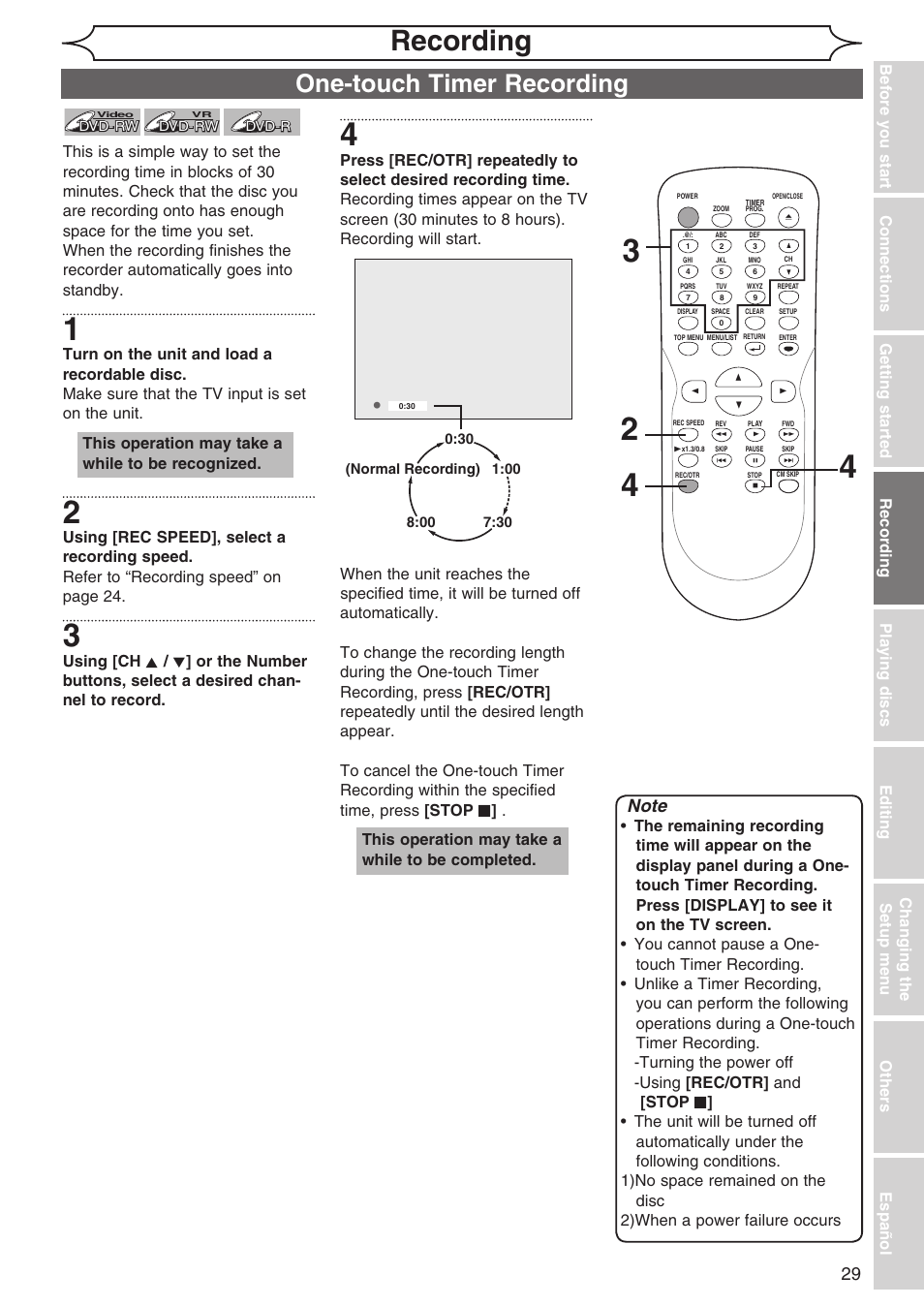 Recording, One-touch timer recording | Sylvania DVR90DG User Manual | Page 29 / 82