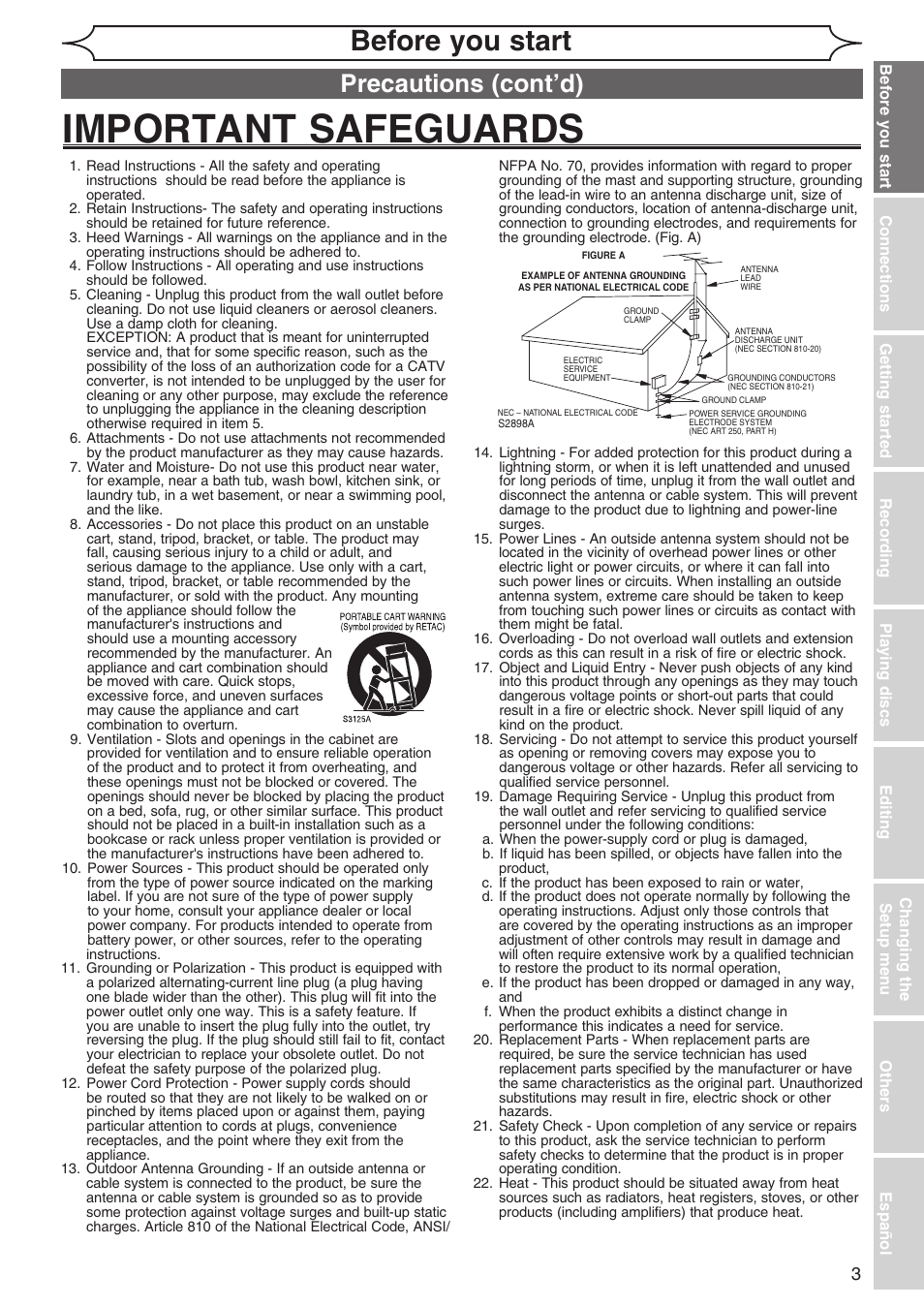 Important safeguards, Before you start, Precautions (cont’d) | Sylvania DVR90DG User Manual | Page 3 / 82